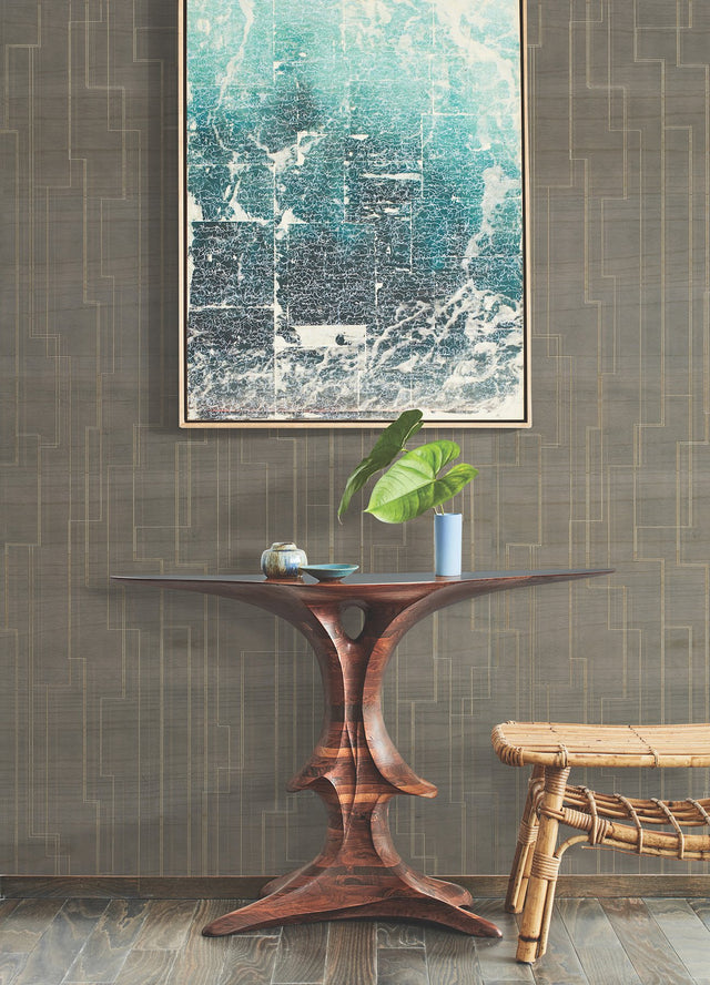 Inlay Line Mink Wallpaper with Metallic Geometric Wood Veneer Pattern - York GV0259