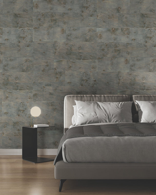 Burlwood Smoke Wallpaper with Metallic Wood Veneer Feature Wall Pattern - York GV0267