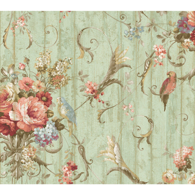 Parrots with Floral Bouquets Blue Wallpaper with Tropical Birds and Floral Vine Motif - York HA1326
