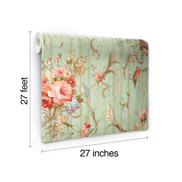 Parrots with Floral Bouquets Blue Wallpaper with Tropical Birds and Floral Vine Motif - York HA1326