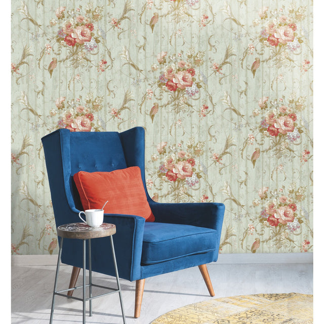 Parrots with Floral Bouquets Blue Wallpaper with Tropical Birds and Floral Vine Motif - York HA1326