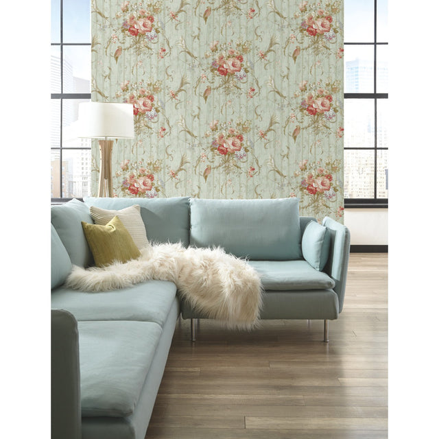 Parrots with Floral Bouquets Blue Wallpaper with Tropical Birds and Floral Vine Motif - York HA1326