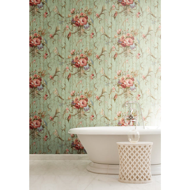 Parrots with Floral Bouquets Blue Wallpaper with Tropical Birds and Floral Vine Motif - York HA1326