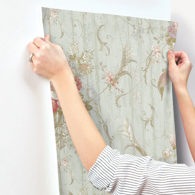 Parrots with Floral Bouquets Blue Wallpaper with Tropical Birds and Floral Vine Motif - York HA1326