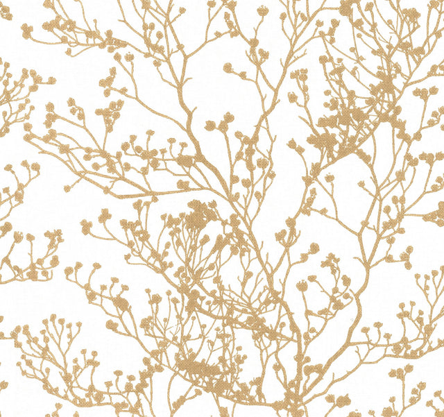Budding Branch Silhouette White & Gold Wallpaper