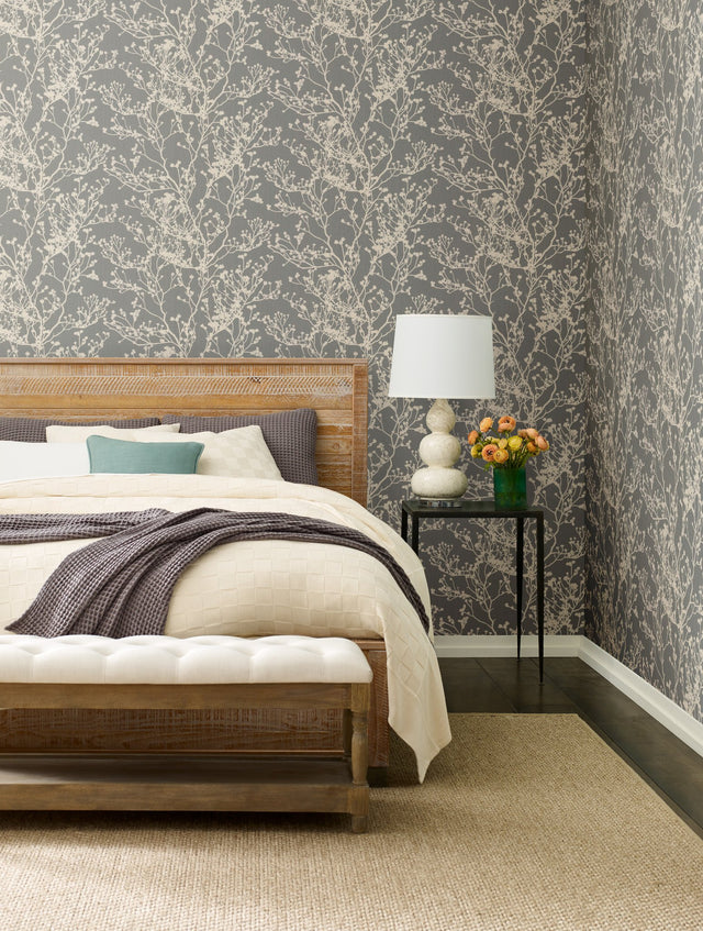 Budding Branch Silhouette Brown Wallpaper with Botanical Paper Weave Grasscloth Style - York HC7518