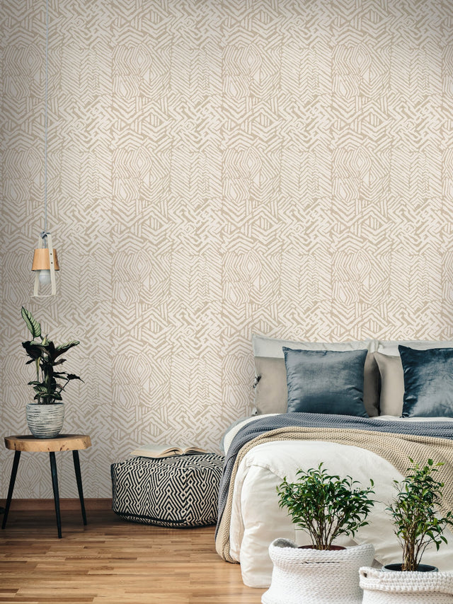 Tribal Print Tan Cork Wallpaper with Bohemian Tribal Motif - York HC7548