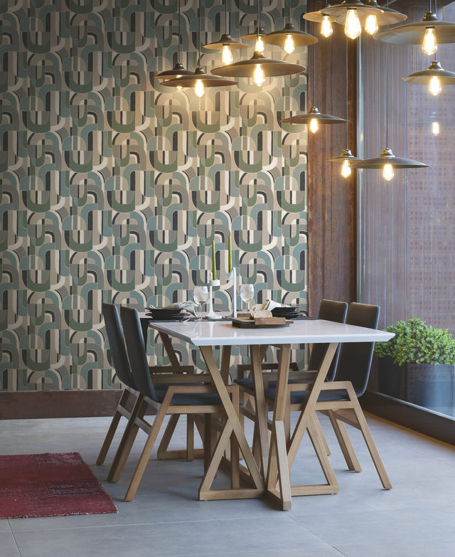 Sculptural Garden Dark Blue & Green Cork Wallpaper with Abstract Geometric Motif - York HC7599