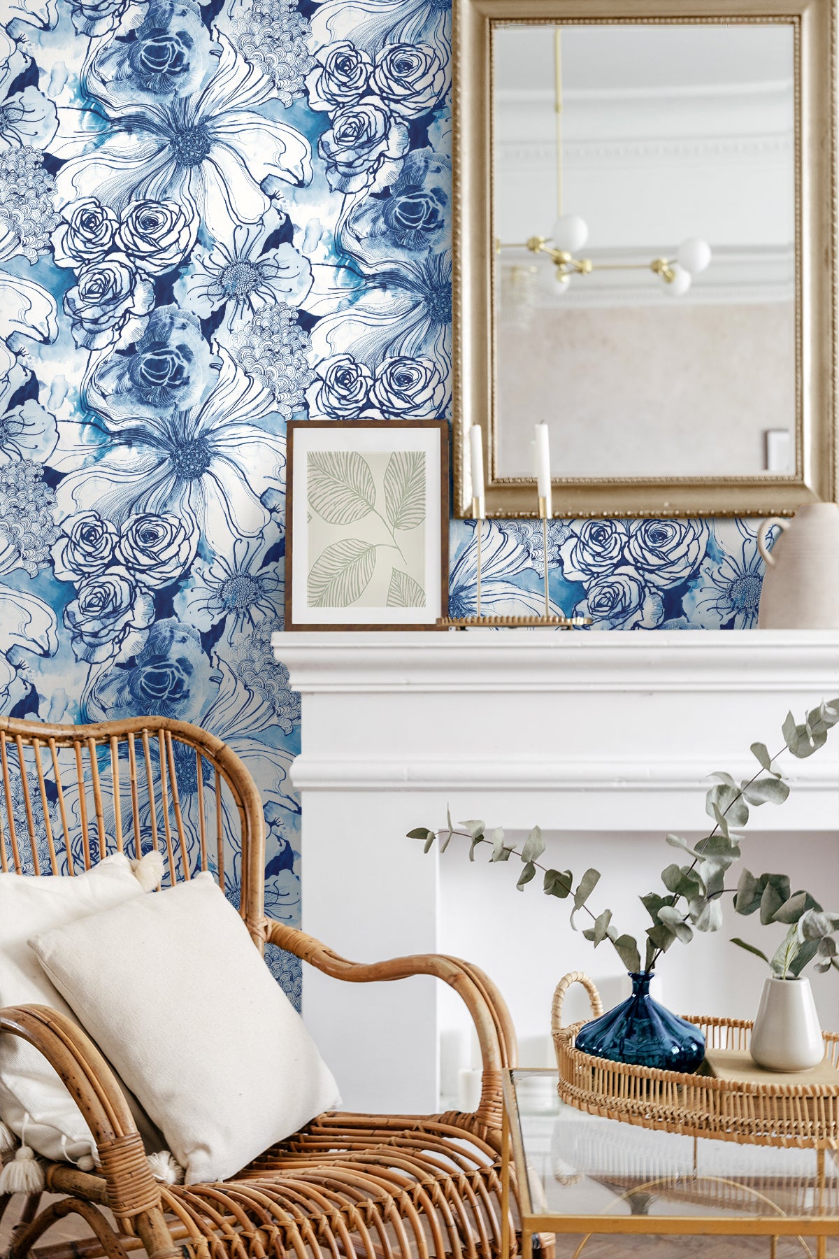 Ink Rose Celtic Blue by Harry & Grace Peel and Stick Floral Peel & Stick Wallpaper – Harry & Grace HG10102 -Sample