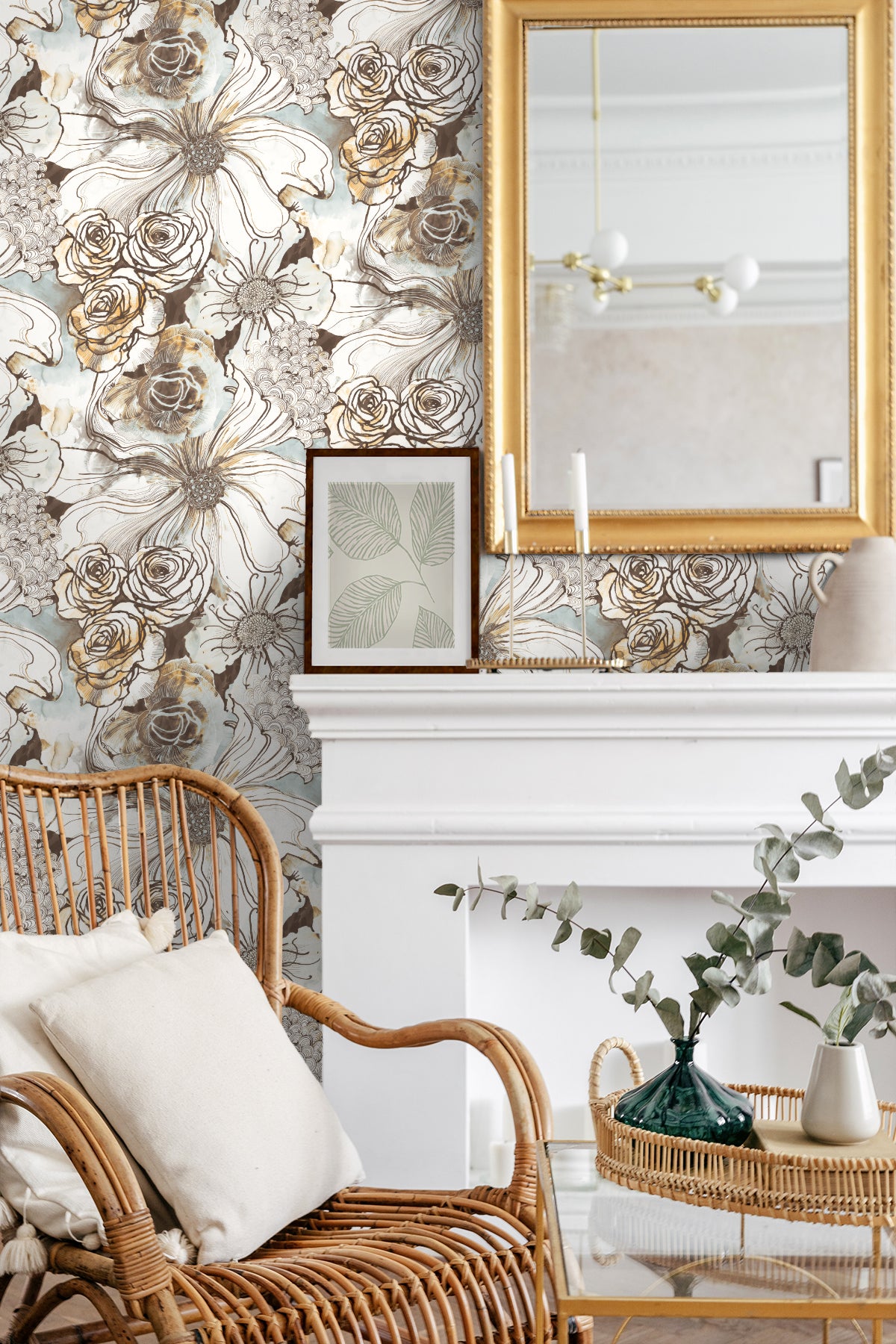 Ink Rose Mocha & Blue Mist by Harry & Grace Peel and Stick Floral Wallpaper – Harry & Grace HG10106-Sample