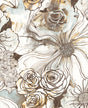 Ink Rose wallpaper pattern in Mocha & Blue Mist with large floral outlines
