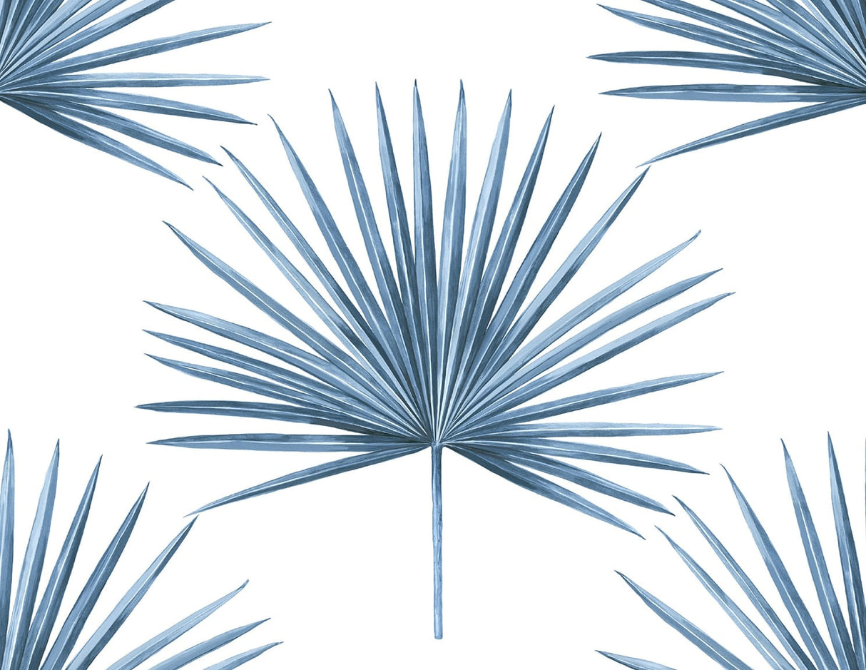 Coastal blue palm frond peel and stick vinyl wallpaper pattern