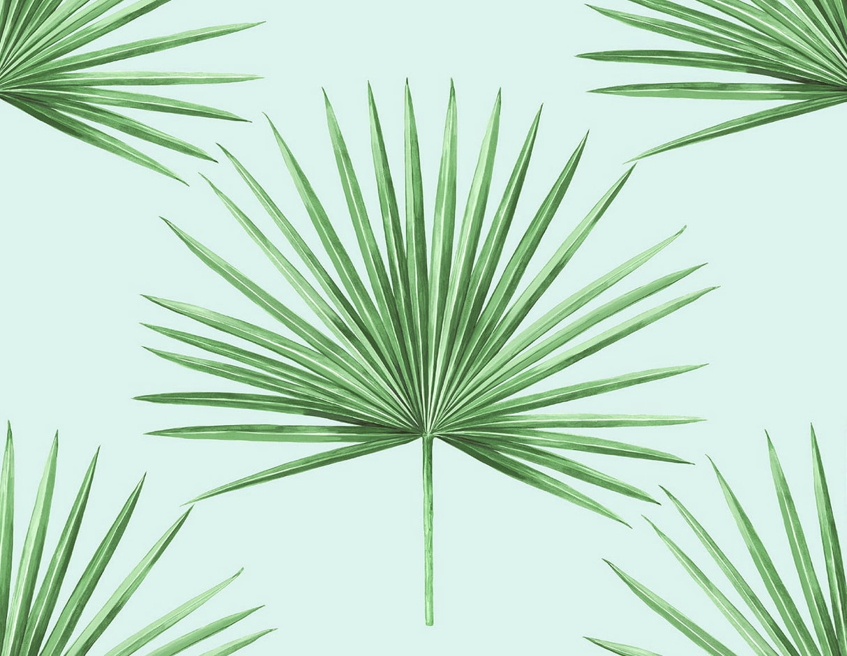 Pacific Palm peel and stick wallpaper in celeste and jade with green palm fronds on a light aqua background.