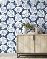 Monstera Leaf Blue by Harry & Grace Peel and Stick Tropical Botanical Wallpaper – Harry & Grace HG10502