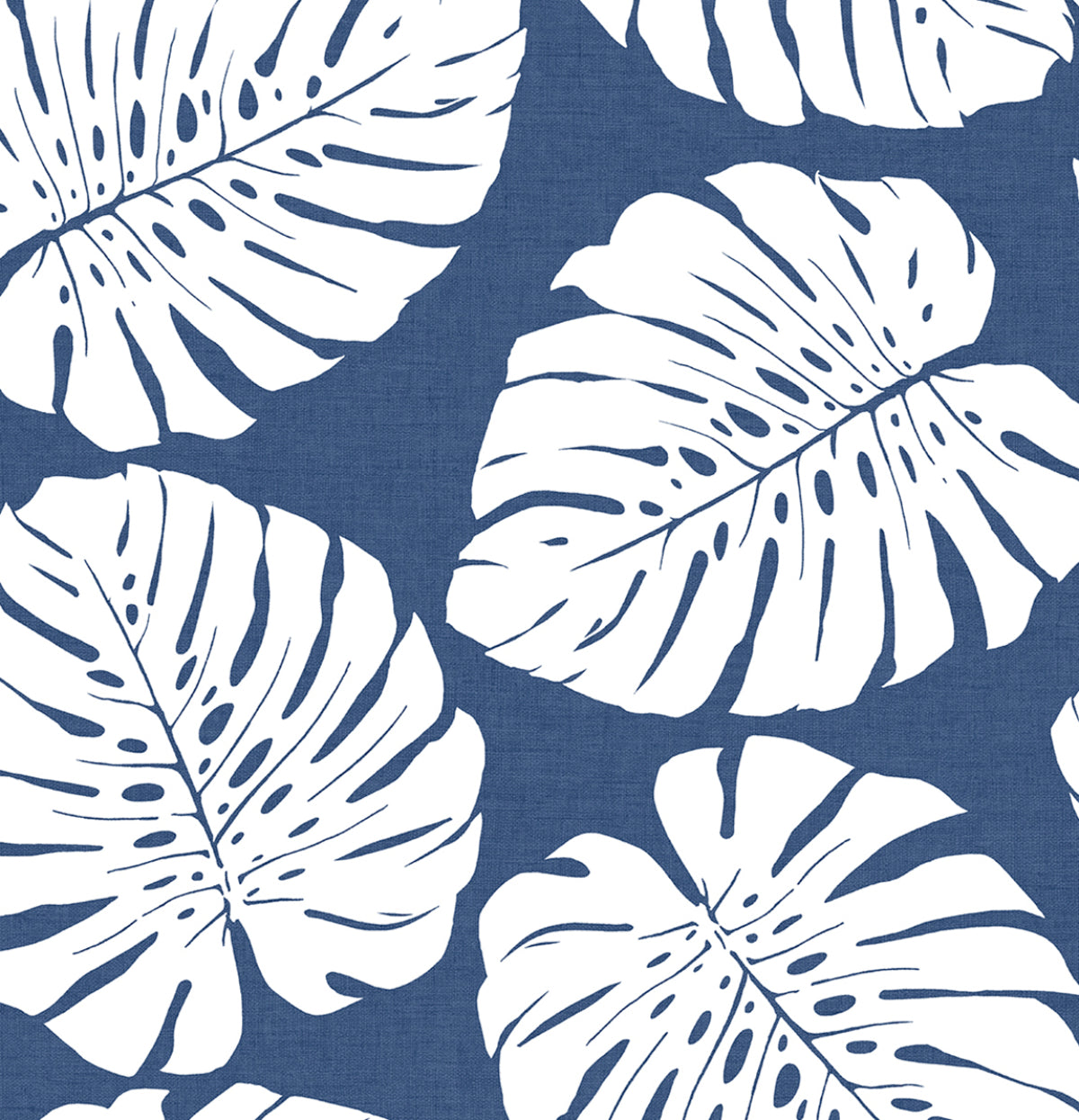 Blue and white monstera leaf peel and stick wallpaper pattern