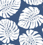 Blue and white monstera leaf peel and stick wallpaper pattern