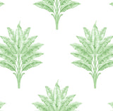 Sea Breeze Palm green palm motif peel and stick wallpaper on white ground