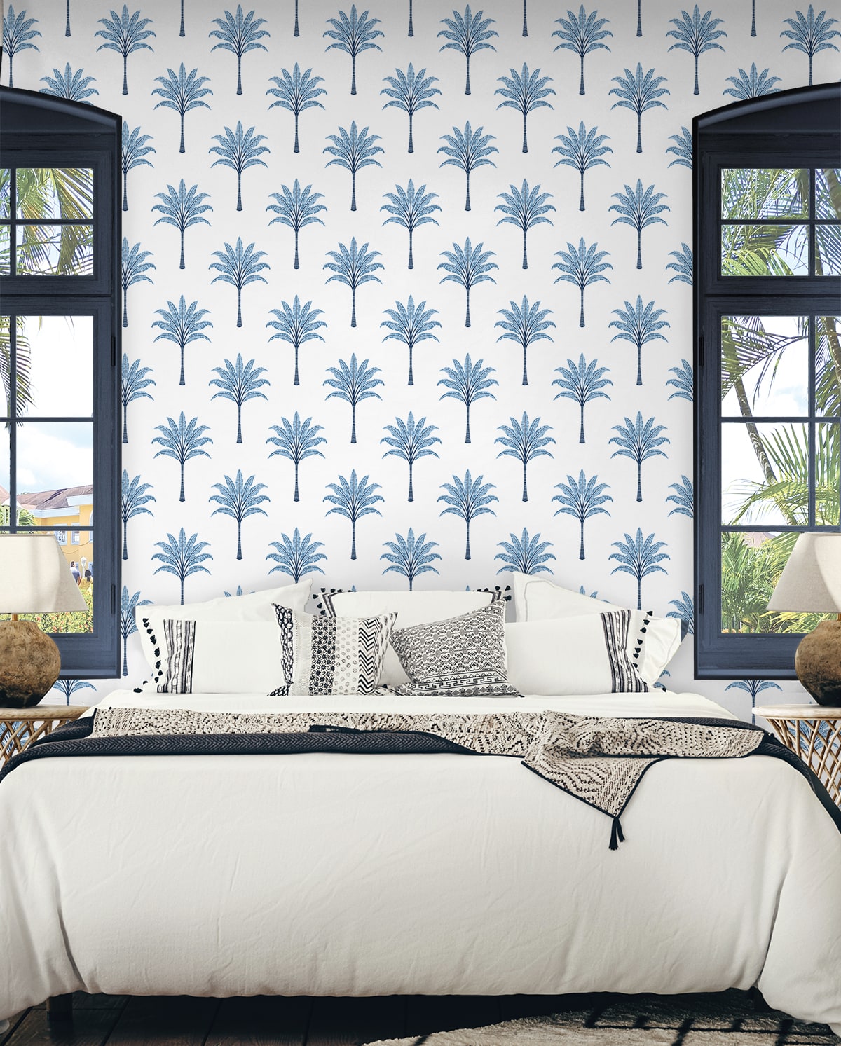 Montgomery Palm Blue Lake by Harry & Grace Peel and Stick Coastal Botanical Wallpaper – Harry & Grace HG10702