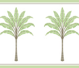 Montgomery Palm peel and stick border wallpaper in Green Tea featuring repeating palm trees with green fronds and striped trunks.