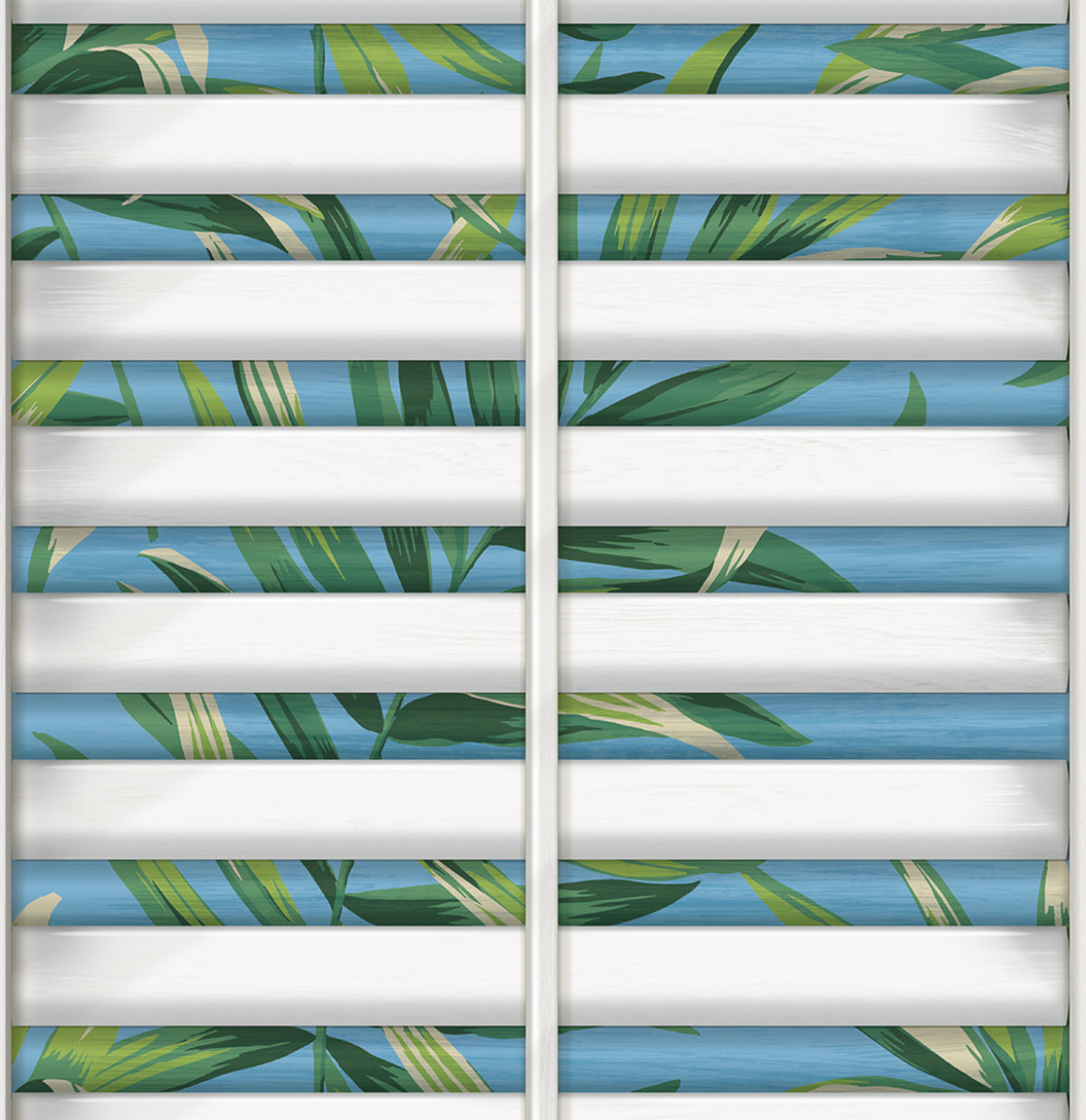 Blue and green tropical leaf shutter motif peel and stick wallpaper pattern