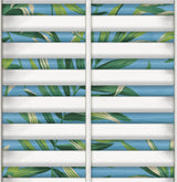 Blue and green tropical leaf shutter motif peel and stick wallpaper pattern