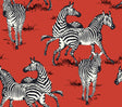 Playful Zebras peel and stick wallpaper in red with black-and-white zebra illustrations