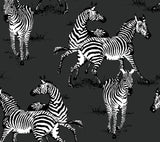 Charcoal peel and stick wallpaper with playful white-and-black zebras in a repeating animal print pattern.