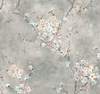 Grey floral blossom peel and stick wallpaper with soft pink and white blossoms on branching stems