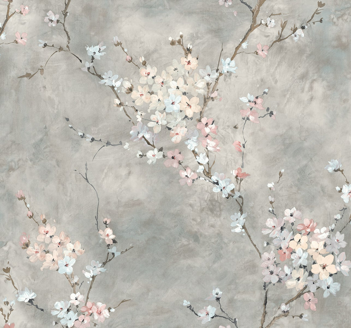 Grey floral blossom peel and stick wallpaper with soft pink and white blossoms on branching stems