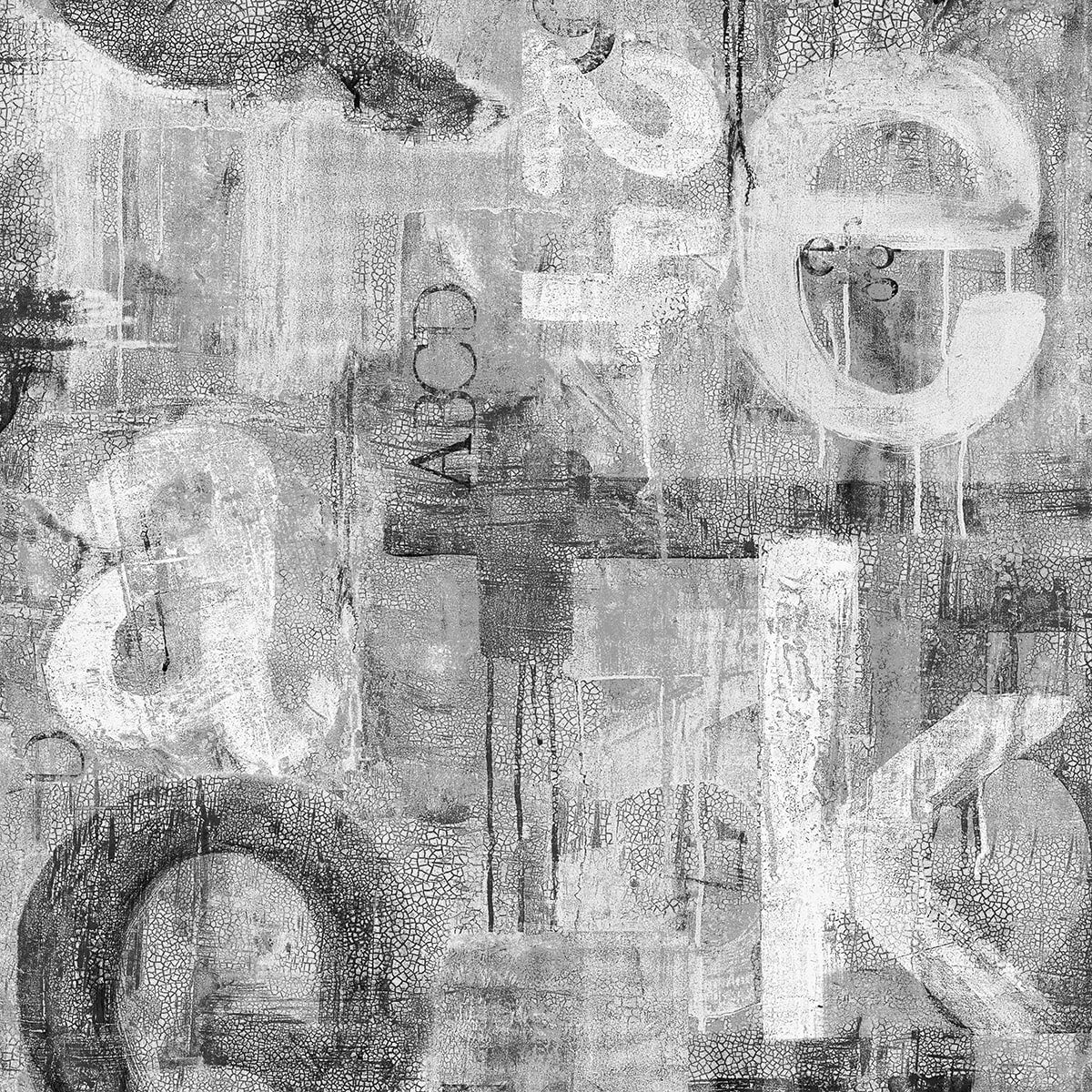 Harry & Grace Graphic Letters wallpaper in Ash grey with layered typographic letterforms and distressed industrial texture