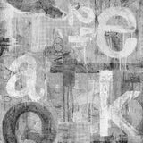 Harry & Grace Graphic Letters wallpaper in Ash grey with layered typographic letterforms and distressed industrial texture