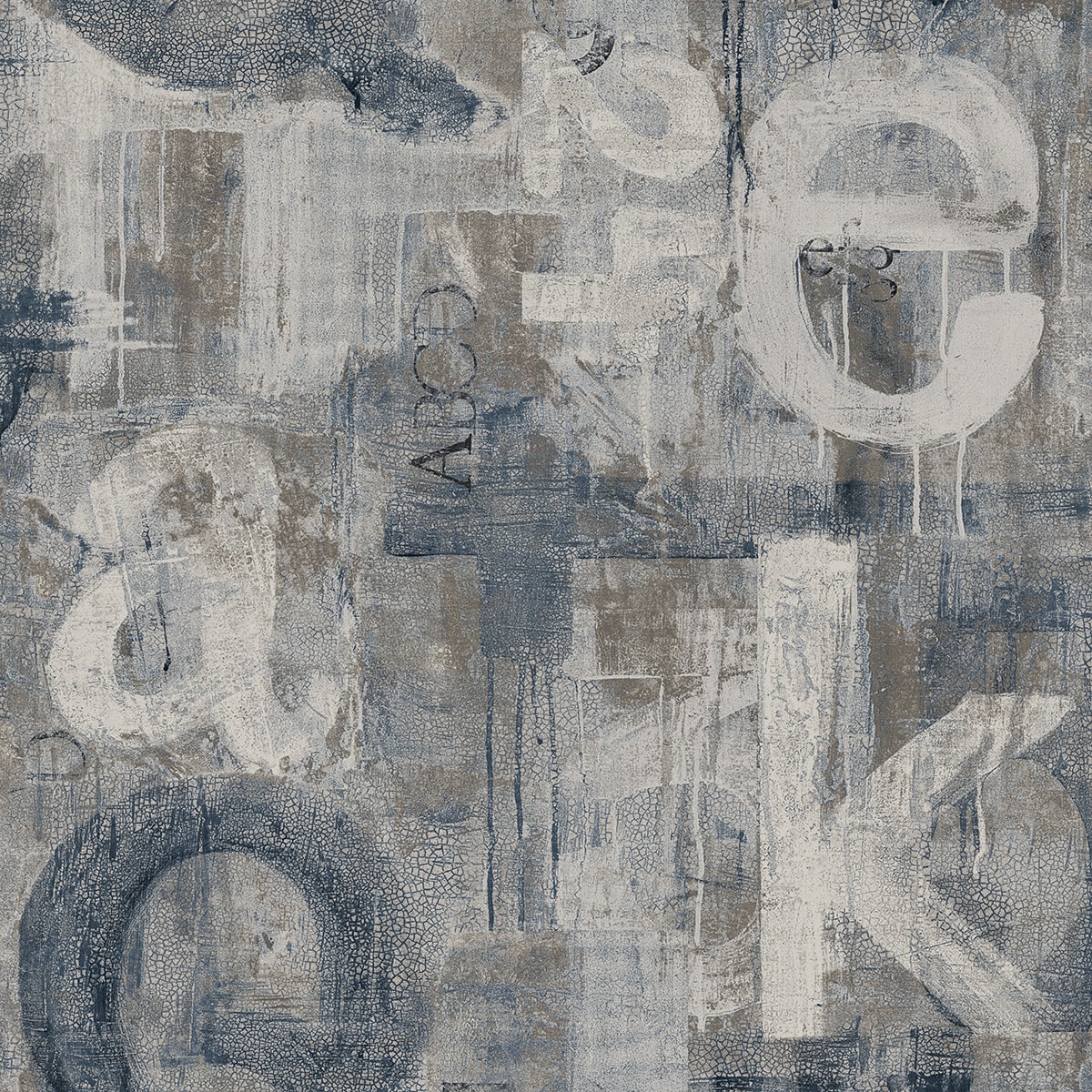 Abstract graphic letters peel and stick wallpaper in steel blue and mocha tones