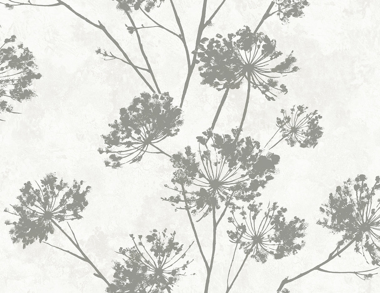 Metallic silver dandelion floral botanical peel and stick wallpaper pattern