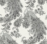 Ivory and ebony peel and stick wallpaper featuring illustrated peacocks with floral accents