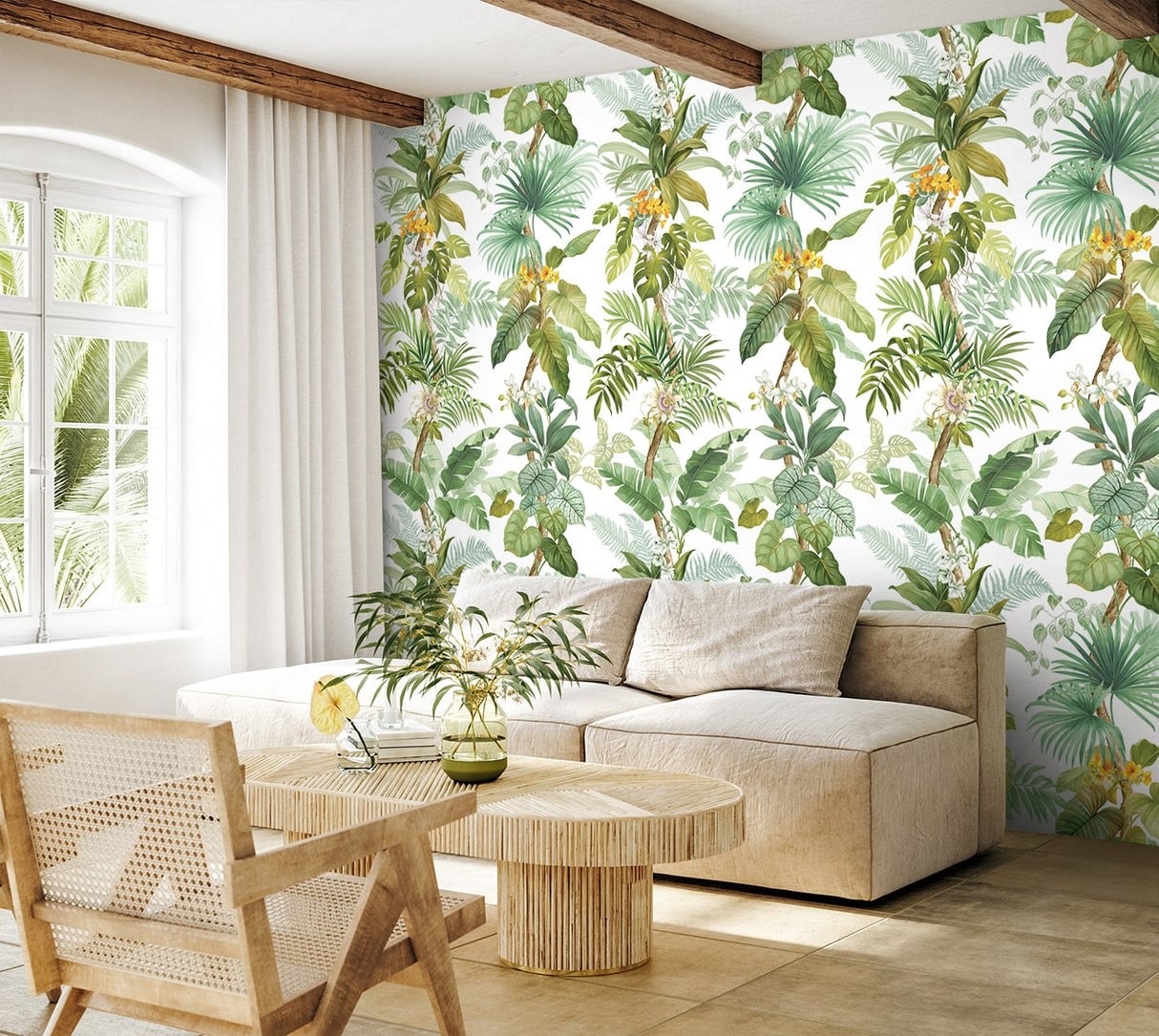 Tropical Leaf Trail Green and White by Harry & Grace Peel and Stick Botanical Wall Mural – Harry & Grace HG12304M