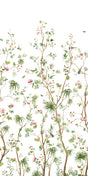 Blooming Chinoiserie mural wallpaper in Fern & Rosebud with delicate branches, leaves, and pink blossoms on a light background