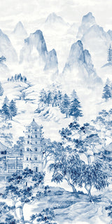 Misty Mountain Scenic Mural in bluestone tones featuring misty mountains, trees, and pagoda architecture