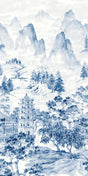 Misty Mountain Scenic Mural in bluestone tones featuring misty mountains, trees, and pagoda architecture
