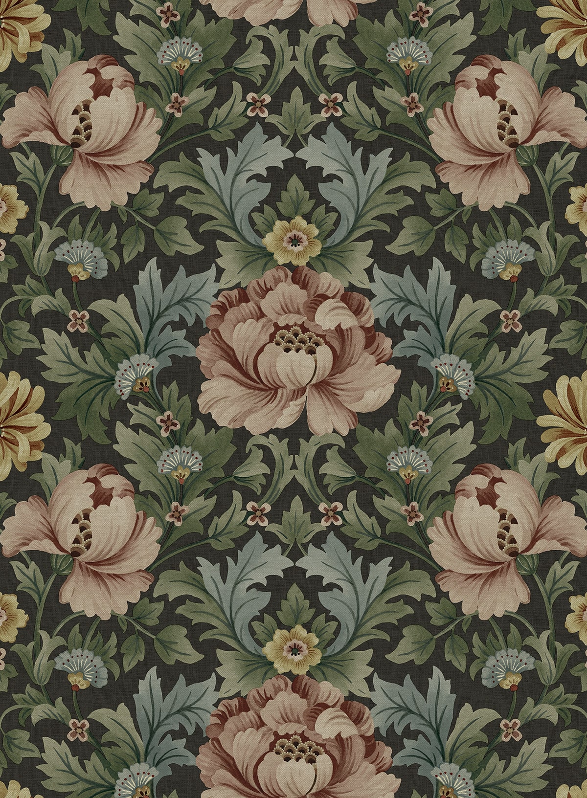 Floral Garden wallpaper pattern in Clove & Rosemary with vintage-style florals and foliage
