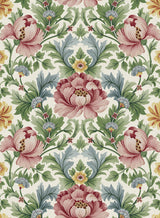 Vintage floral peel and stick wallpaper with large pink blooms, green leaves, and soft yellow accents on an off-white ground.