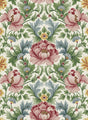 Vintage floral peel and stick wallpaper with large pink blooms, green leaves, and soft yellow accents on an off-white ground.