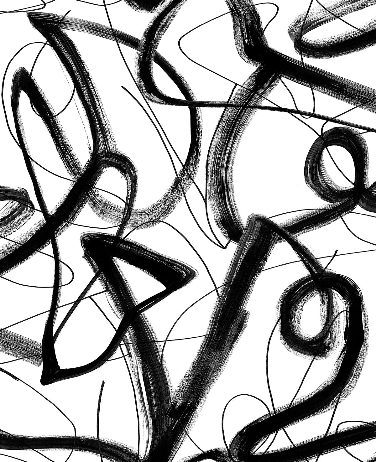 Graphic Linework Ebony peel and stick wallpaper with abstract black brushstroke loops and lines on a white ground