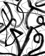 Graphic Linework Ebony peel and stick wallpaper with abstract black brushstroke loops and lines on a white ground