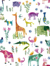 Watercolor animals and floral motif peel and stick wallpaper in off-white