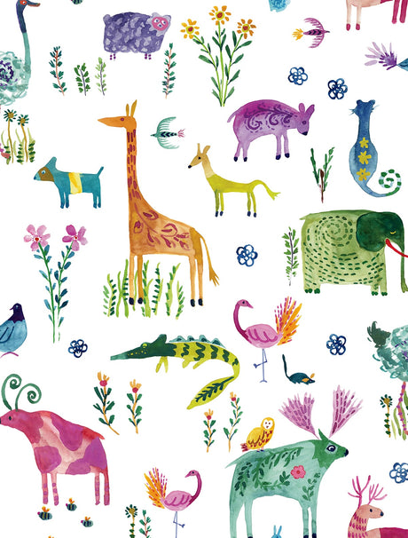 Watercolor animals and floral motif peel and stick wallpaper in off-white