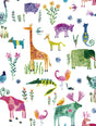 Watercolor animals and floral motif peel and stick wallpaper in off-white