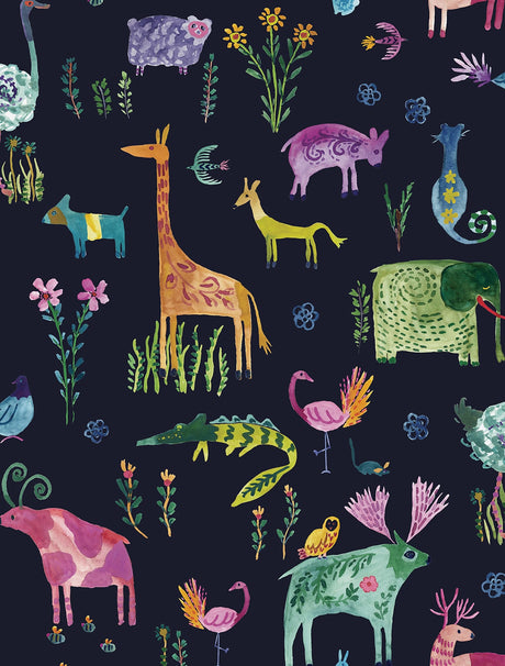 Whimsical multicolor animals on a dark blue background peel and stick wallpaper pattern