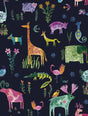 Whimsical multicolor animals on a dark blue background peel and stick wallpaper pattern