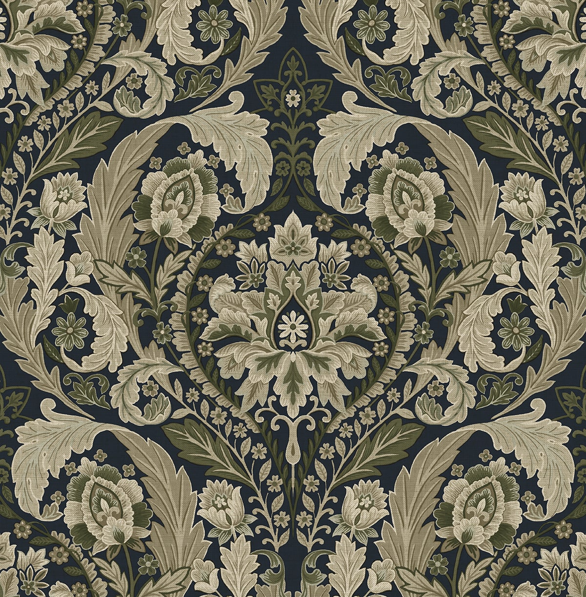 Thornton Vintage Damask peel and stick wallpaper in Deep Sea blue with cream and olive damask motif