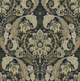 Thornton Vintage Damask peel and stick wallpaper in Deep Sea blue with cream and olive damask motif
